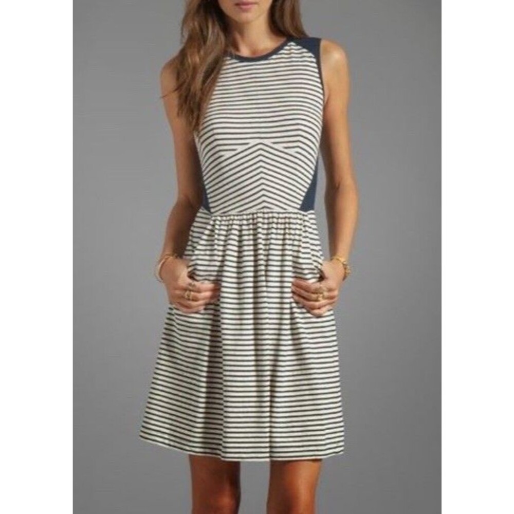Rebecca Taylor Womens S Linen Blend Striped Silk Trims Sleeveless Fit Ans Flare
